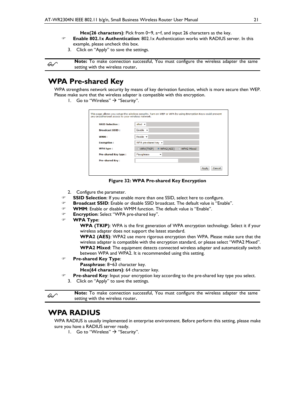 Wpa pre-shared key, Wpa radius, Figure 32: wpa pre-shared key encryption | Allied Telesis AT-WR2304N User Manual | Page 31 / 67