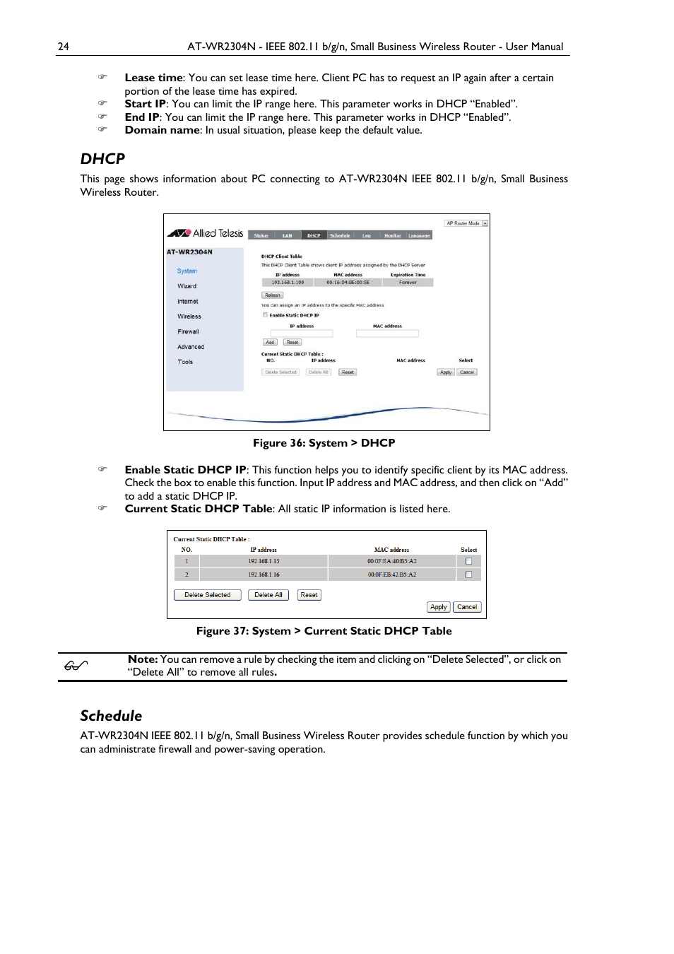 Dhcp, Schedule, Figure 36: system > dhcp | Figure 37: system > current static dhcp table | Allied Telesis AT-WR2304N User Manual | Page 34 / 67