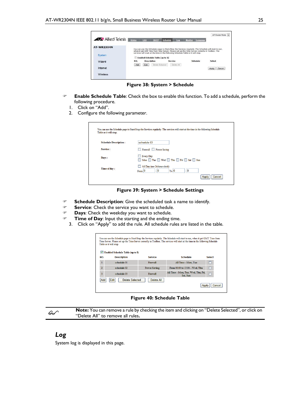 Figure 38: system > schedule, Figure 39: system > schedule settings, Figure 40: schedule table | Allied Telesis AT-WR2304N User Manual | Page 35 / 67