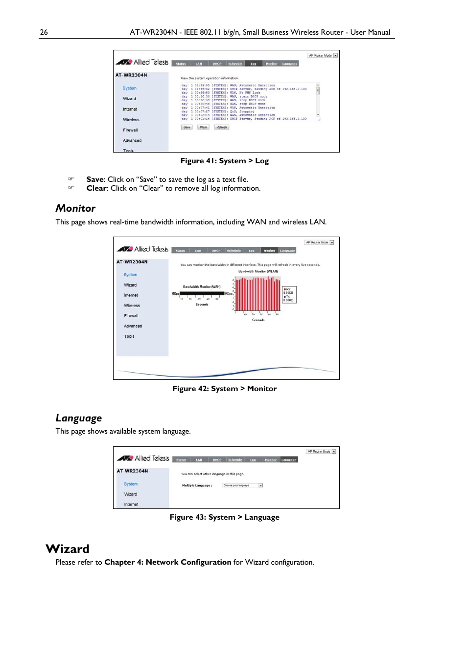 Monitor, Language, Wizard | Figure 41: system > log, Figure 42: system > monitor, Figure 43: system > language | Allied Telesis AT-WR2304N User Manual | Page 36 / 67