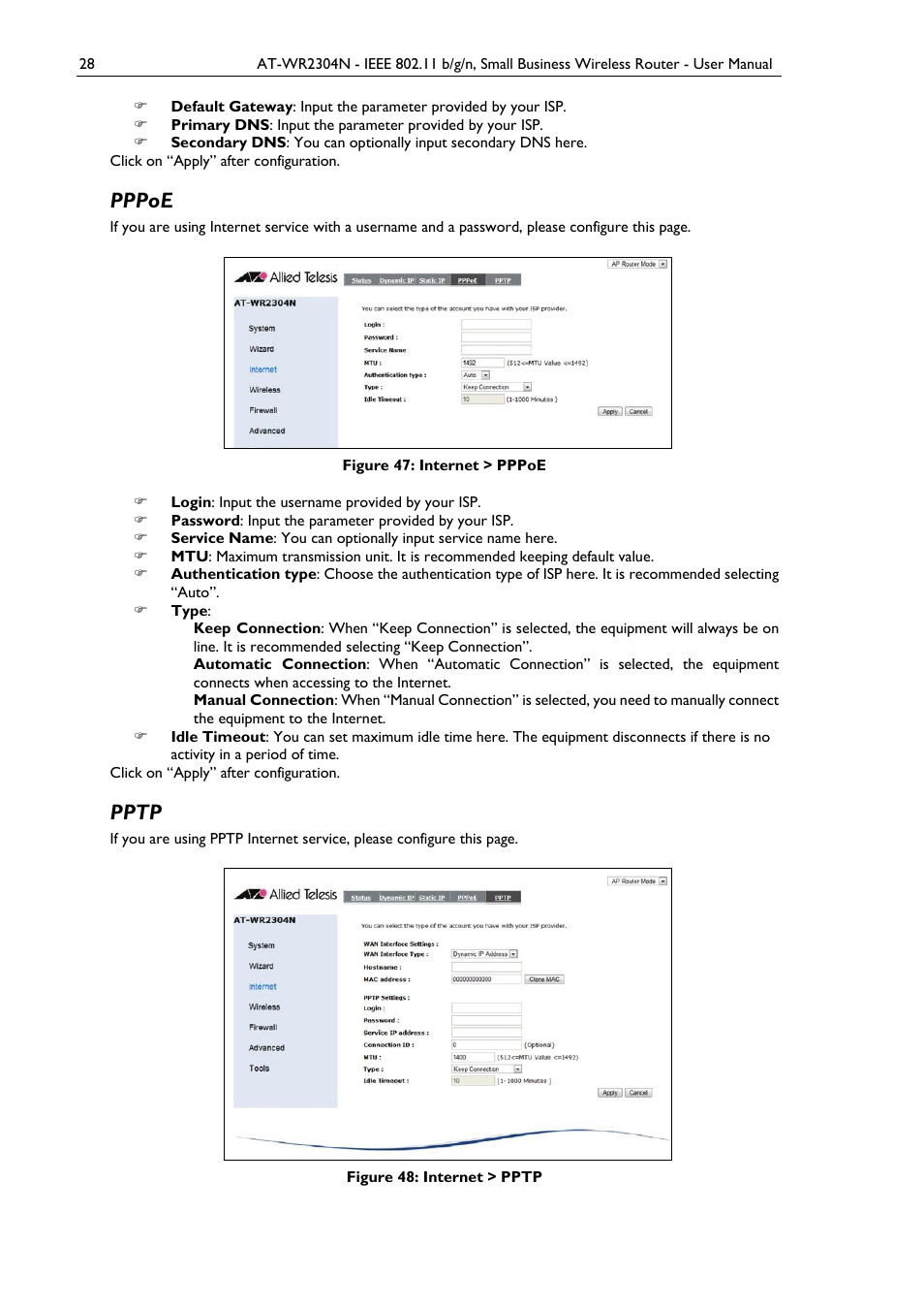 Pppoe, Pptp, Figure 47: internet > pppoe | Figure 48: internet > pptp | Allied Telesis AT-WR2304N User Manual | Page 38 / 67