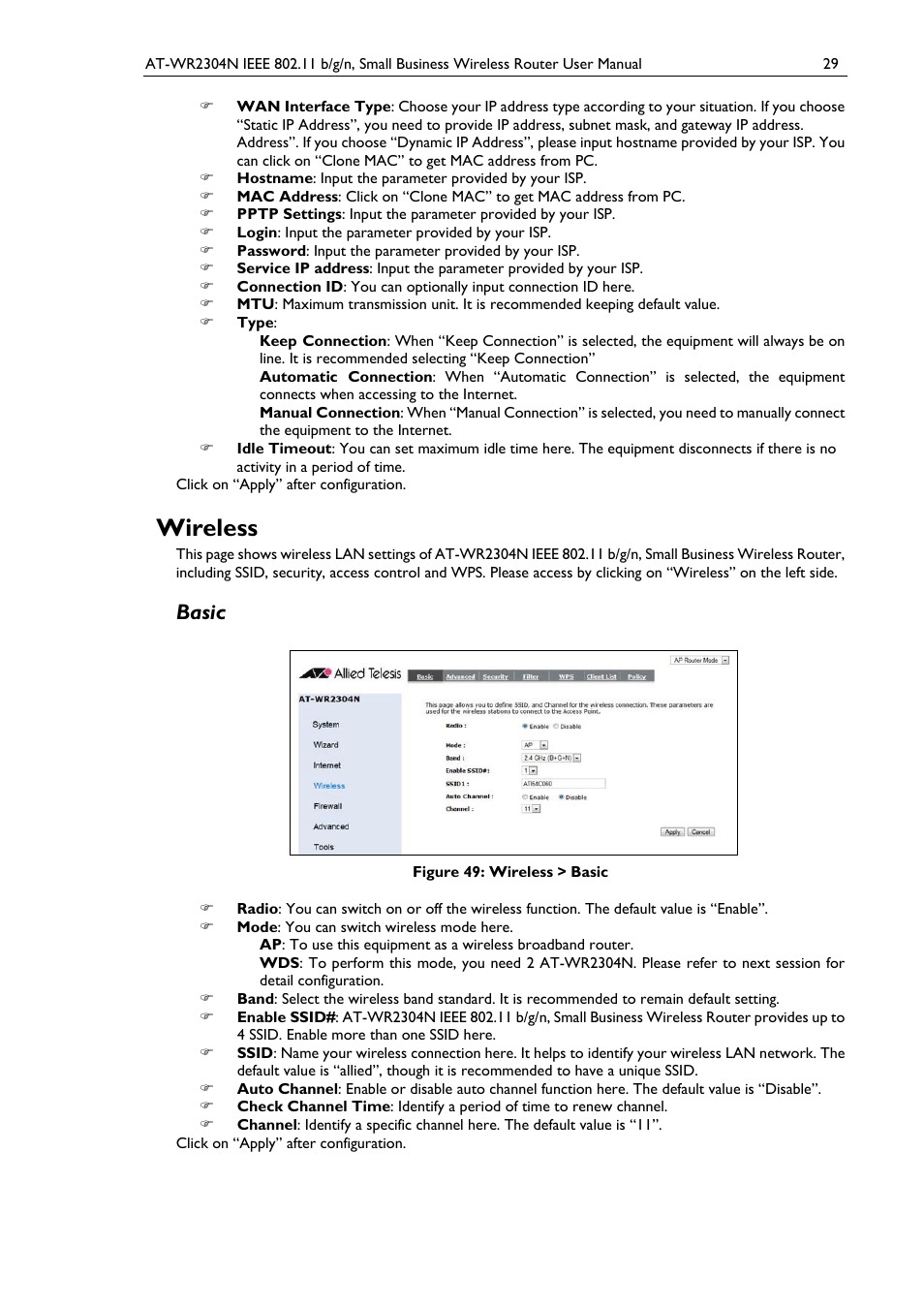 Wireless, Basic, Figure 49: wireless > basic | Allied Telesis AT-WR2304N User Manual | Page 39 / 67