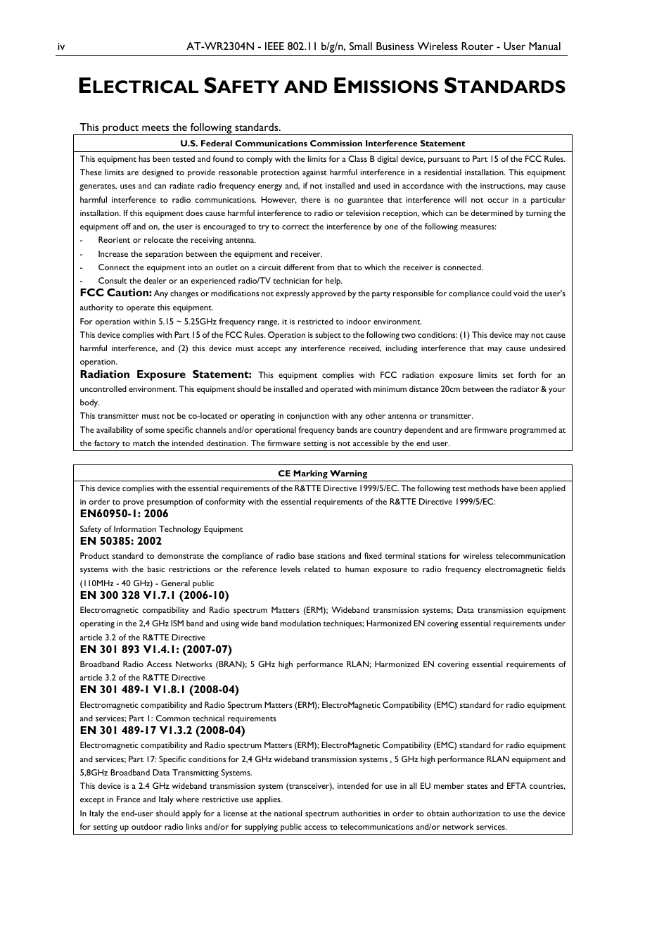 Lectrical, Afety and, Missions | Tandards | Allied Telesis AT-WR2304N User Manual | Page 4 / 67