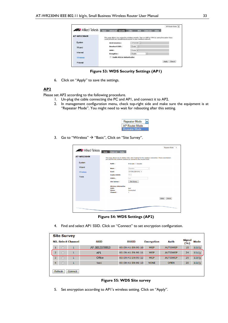Figure 53: wds security settings (ap1), Figure 54: wds settings (ap2), Figure 55: wds site survey | Allied Telesis AT-WR2304N User Manual | Page 43 / 67