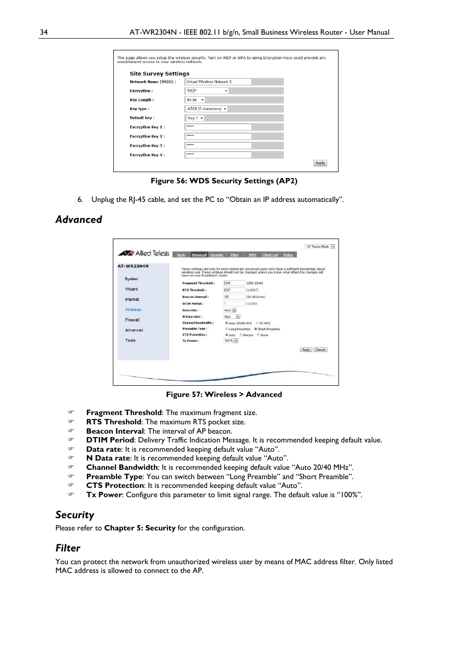 Advanced, Security, Filter | Figure 56: wds security settings (ap2), Figure 57: wireless > advanced | Allied Telesis AT-WR2304N User Manual | Page 44 / 67