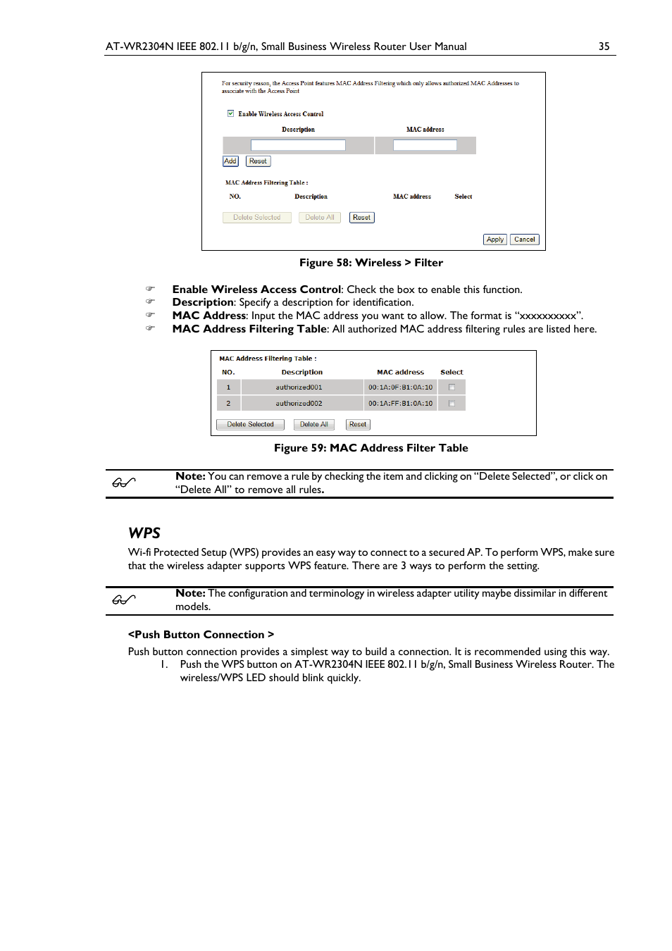Figure 58: wireless > filter, Figure 59: mac address filter table | Allied Telesis AT-WR2304N User Manual | Page 45 / 67