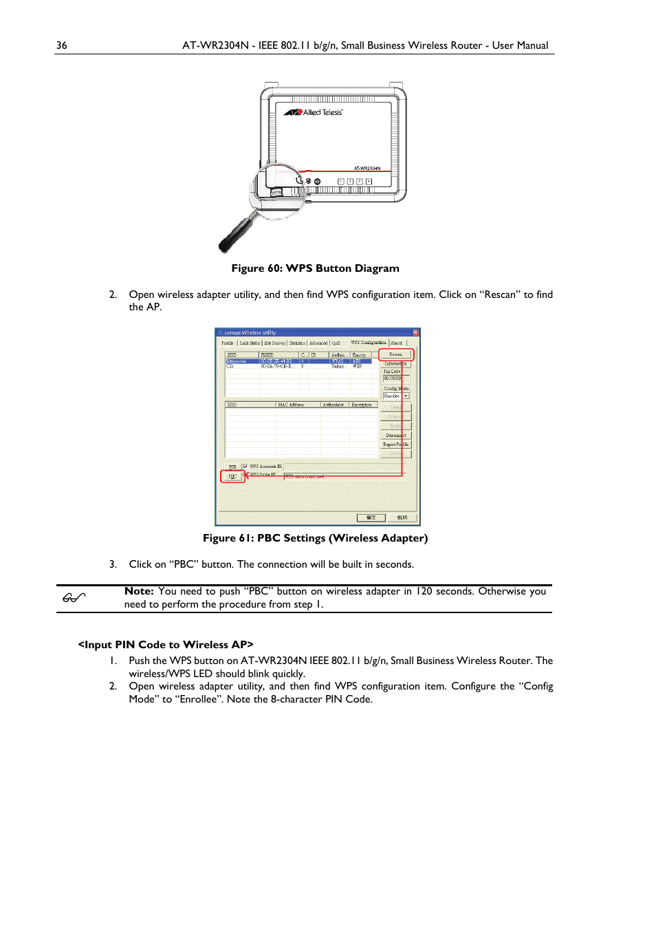 Figure 60: wps button diagram, Figure 61: pbc settings (wireless adapter) | Allied Telesis AT-WR2304N User Manual | Page 46 / 67