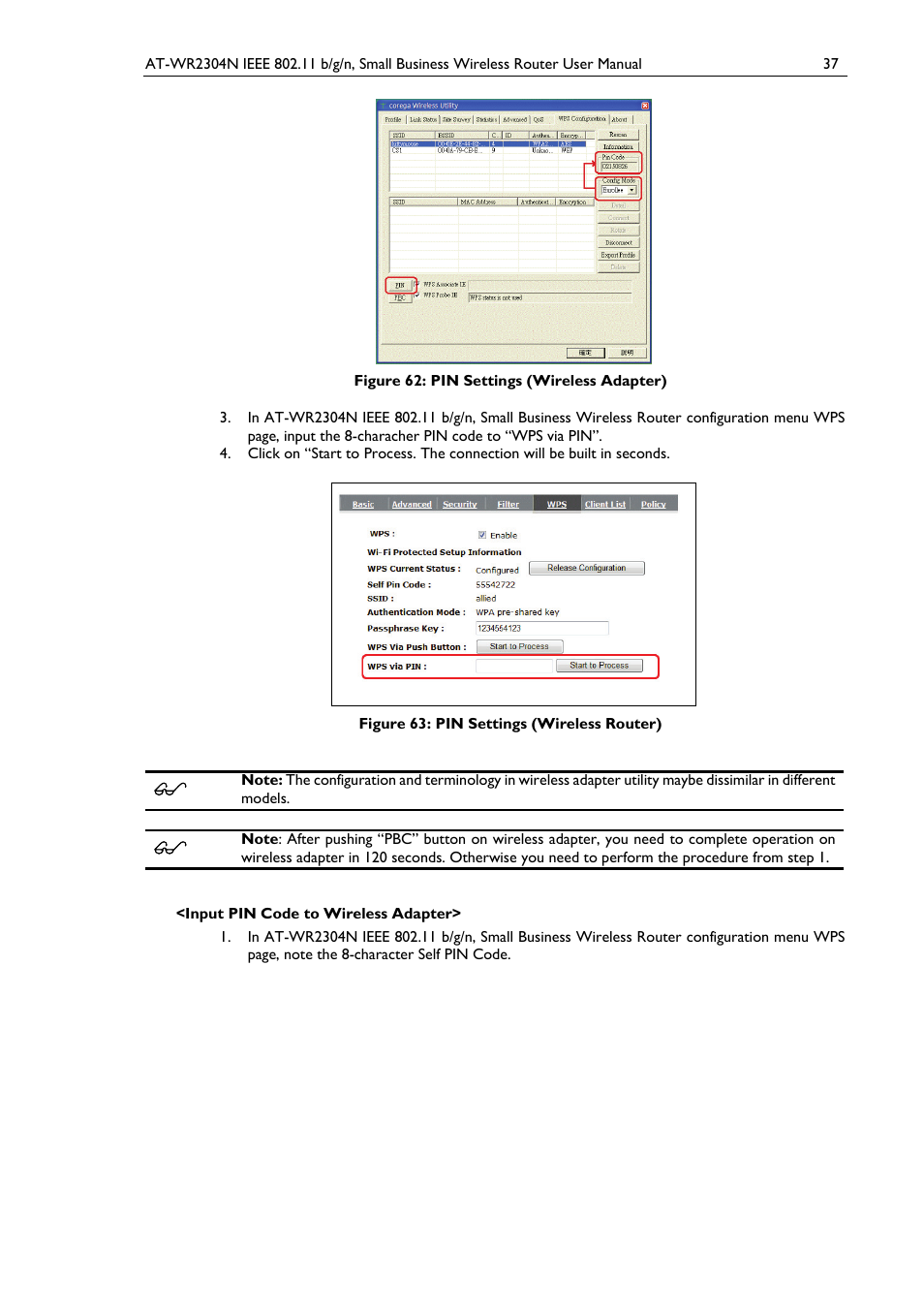 Figure 62: pin settings (wireless adapter), Figure 63: pin settings (wireless router) | Allied Telesis AT-WR2304N User Manual | Page 47 / 67