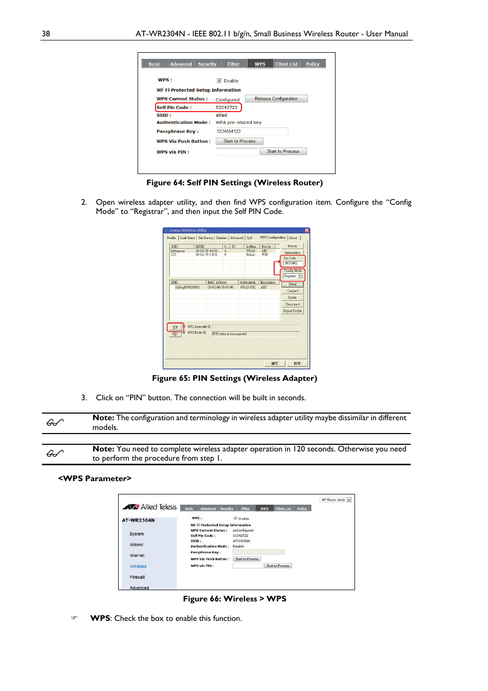 Figure 64: self pin settings (wireless router), Figure 65: pin settings (wireless adapter), Figure 66: wireless > wps | Allied Telesis AT-WR2304N User Manual | Page 48 / 67