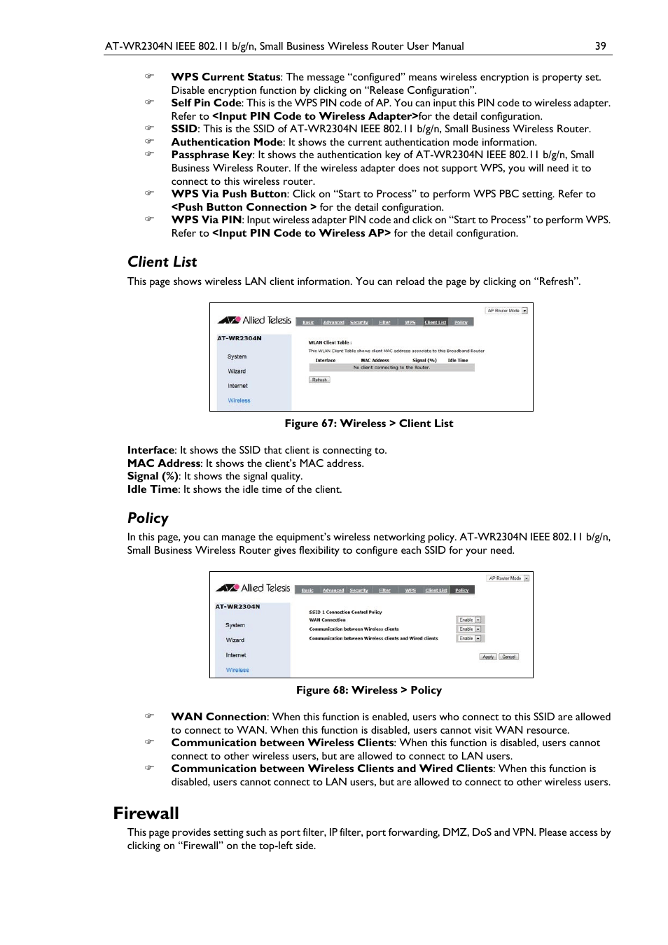 Client list, Policy, Firewall | Figure 67: wireless > client list, Figure 68: wireless > policy | Allied Telesis AT-WR2304N User Manual | Page 49 / 67