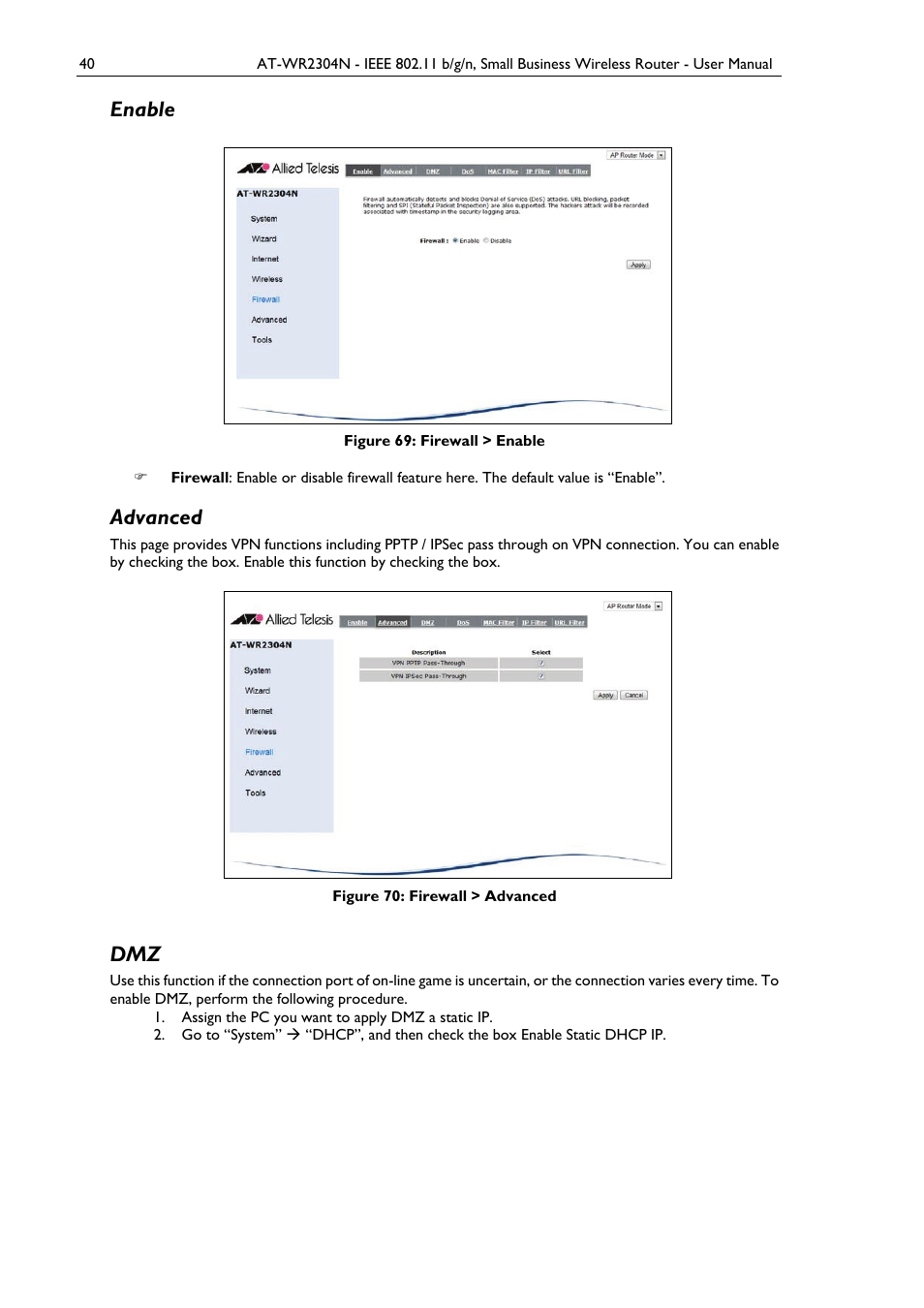 Enable, Advanced, Figure 69: firewall > enable | Figure 70: firewall > advanced | Allied Telesis AT-WR2304N User Manual | Page 50 / 67