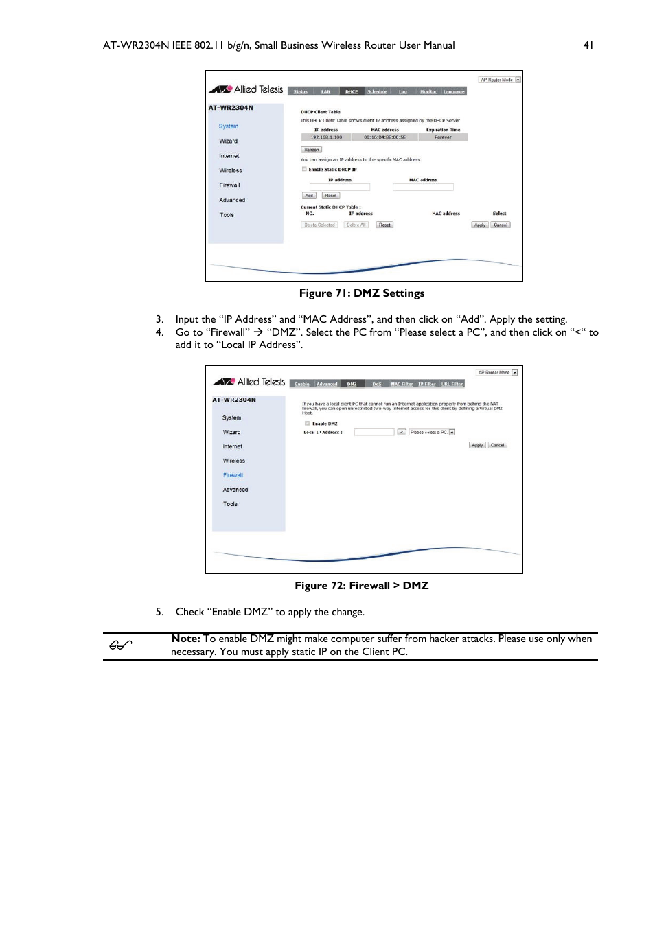 Figure 71: dmz settings, Figure 72: firewall > dmz | Allied Telesis AT-WR2304N User Manual | Page 51 / 67