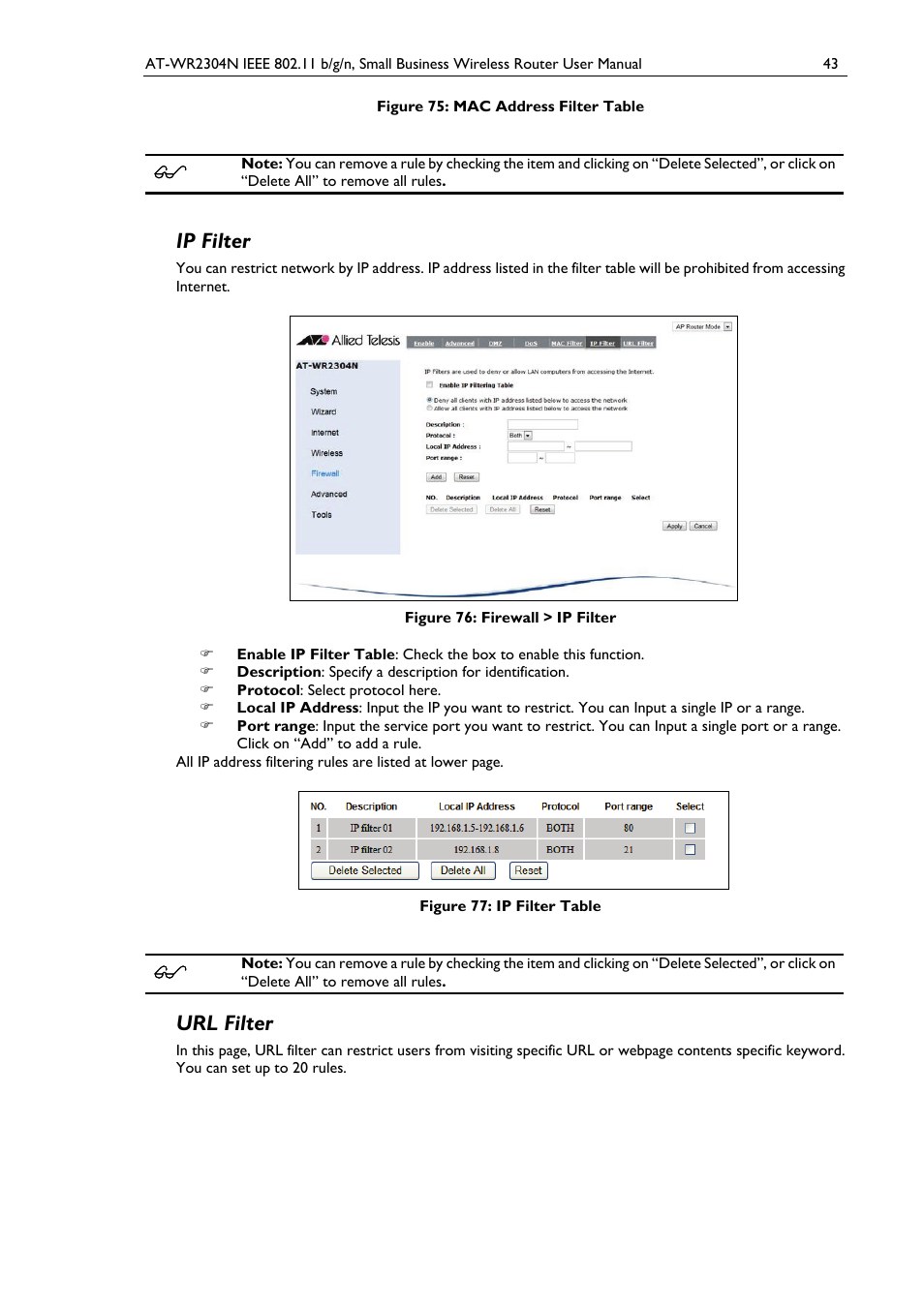 Ip filter, Url filter, Figure 75: mac address filter table | Figure 76: firewall > ip filter, Figure 77: ip filter table | Allied Telesis AT-WR2304N User Manual | Page 53 / 67