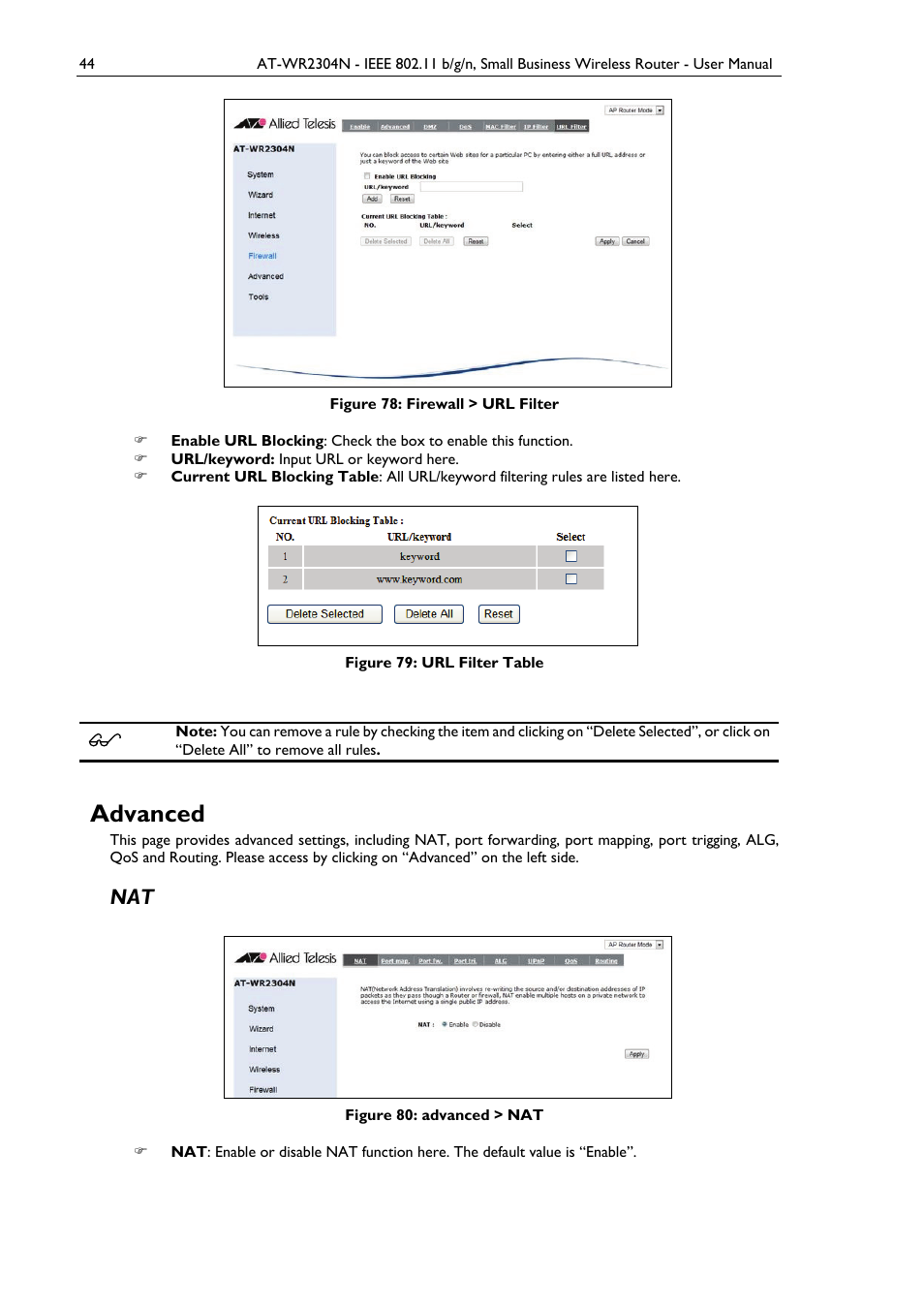 Advanced, Figure 78: firewall > url filter, Figure 79: url filter table | Figure 80: advanced > nat | Allied Telesis AT-WR2304N User Manual | Page 54 / 67