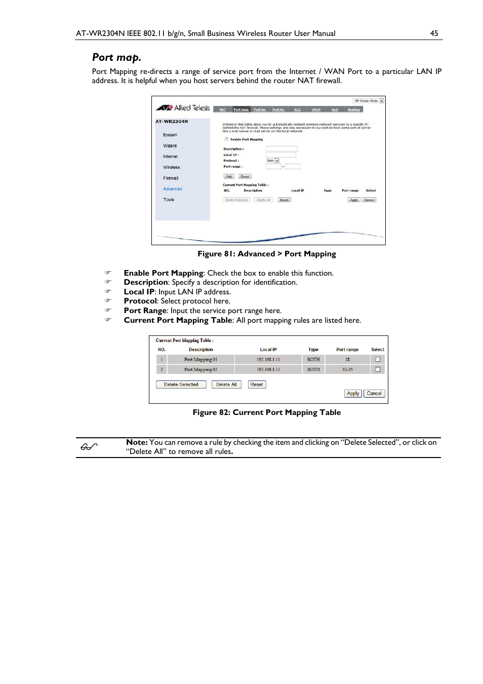 Port map, Figure 81: advanced > port mapping, Figure 82: current port mapping table | Allied Telesis AT-WR2304N User Manual | Page 55 / 67