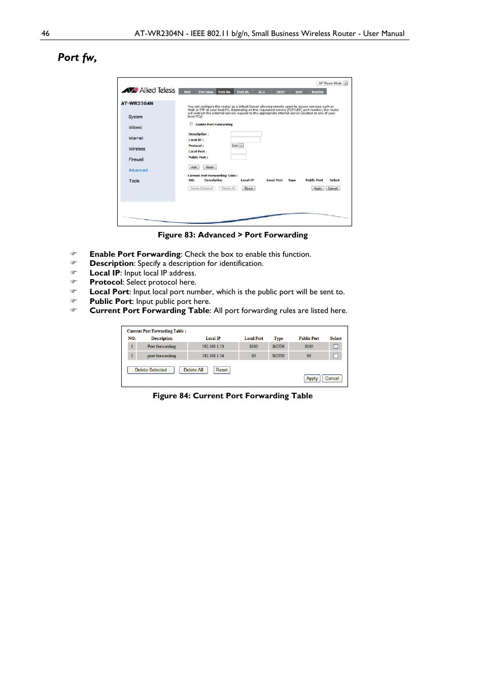 Port fw, Figure 83: advanced > port forwarding, Figure 84: current port forwarding table | Allied Telesis AT-WR2304N User Manual | Page 56 / 67