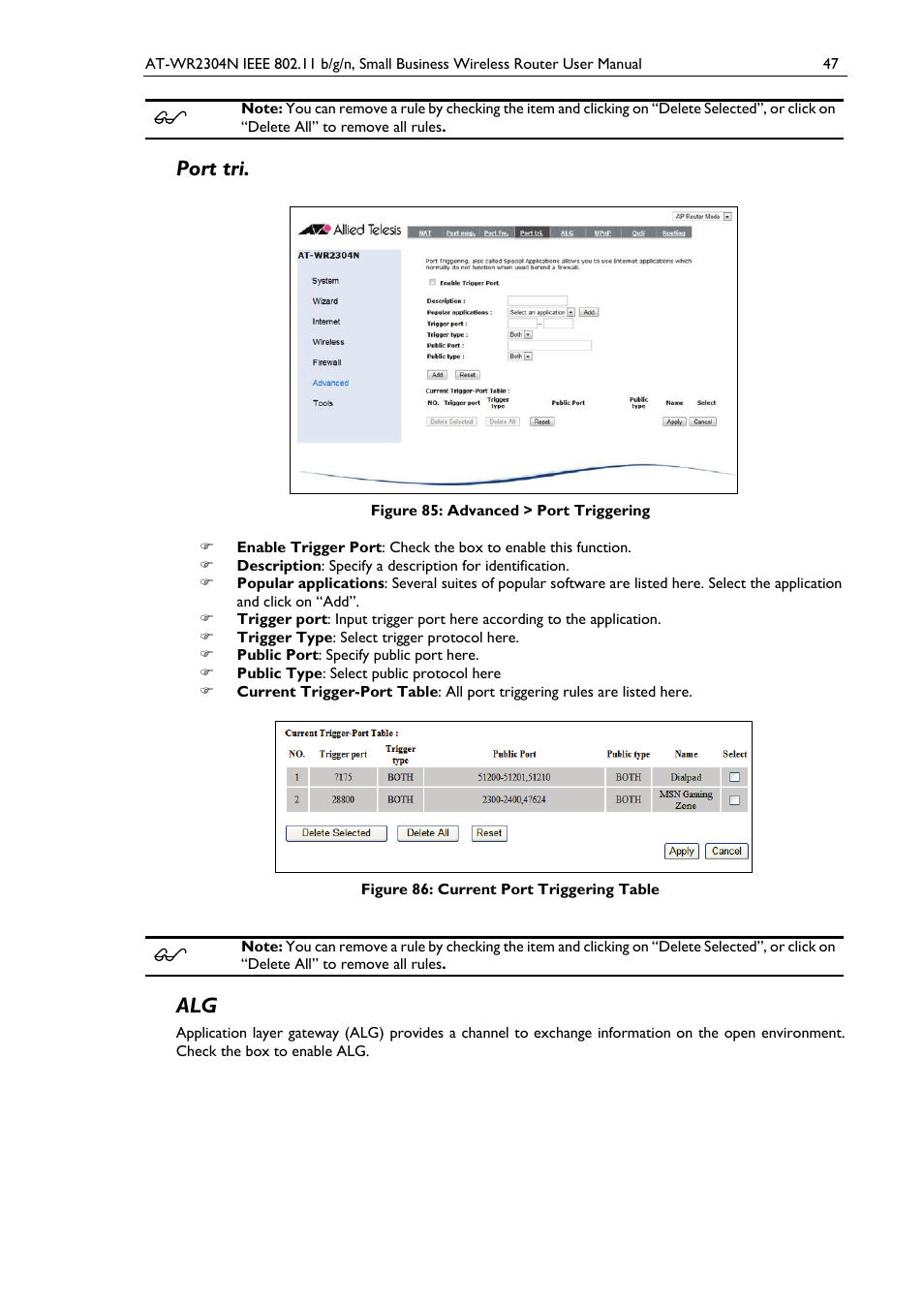 Port tri, Figure 85: advanced > port triggering, Figure 86: current port triggering table | Allied Telesis AT-WR2304N User Manual | Page 57 / 67