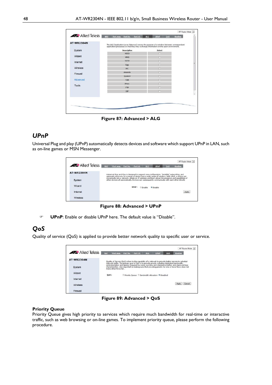 Upnp, Figure 87: advanced > alg, Figure 88: advanced > upnp | Figure 89: advanced > qos | Allied Telesis AT-WR2304N User Manual | Page 58 / 67