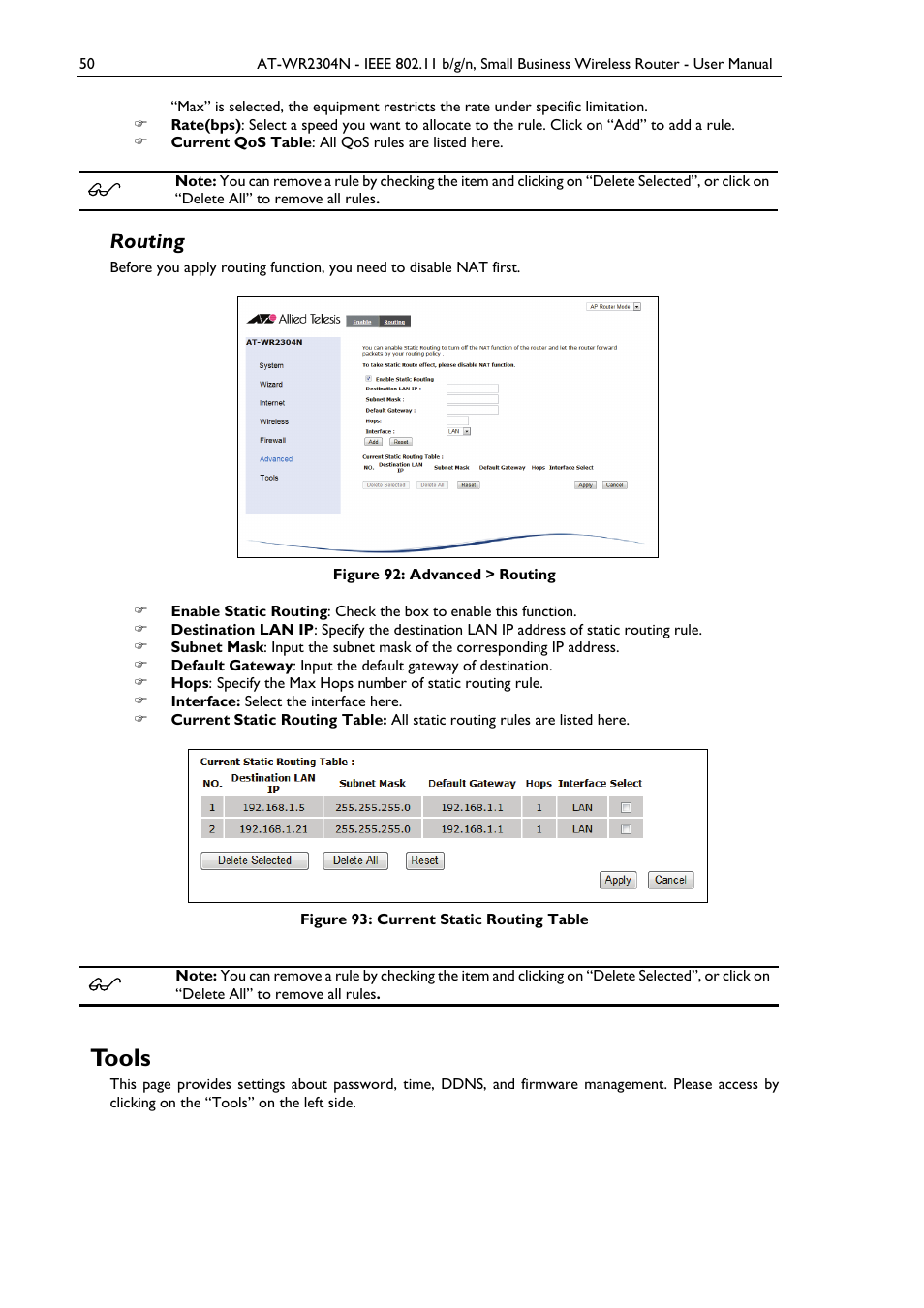 Routing, Tools, Figure 92: advanced > routing | Figure 93: current static routing table | Allied Telesis AT-WR2304N User Manual | Page 60 / 67