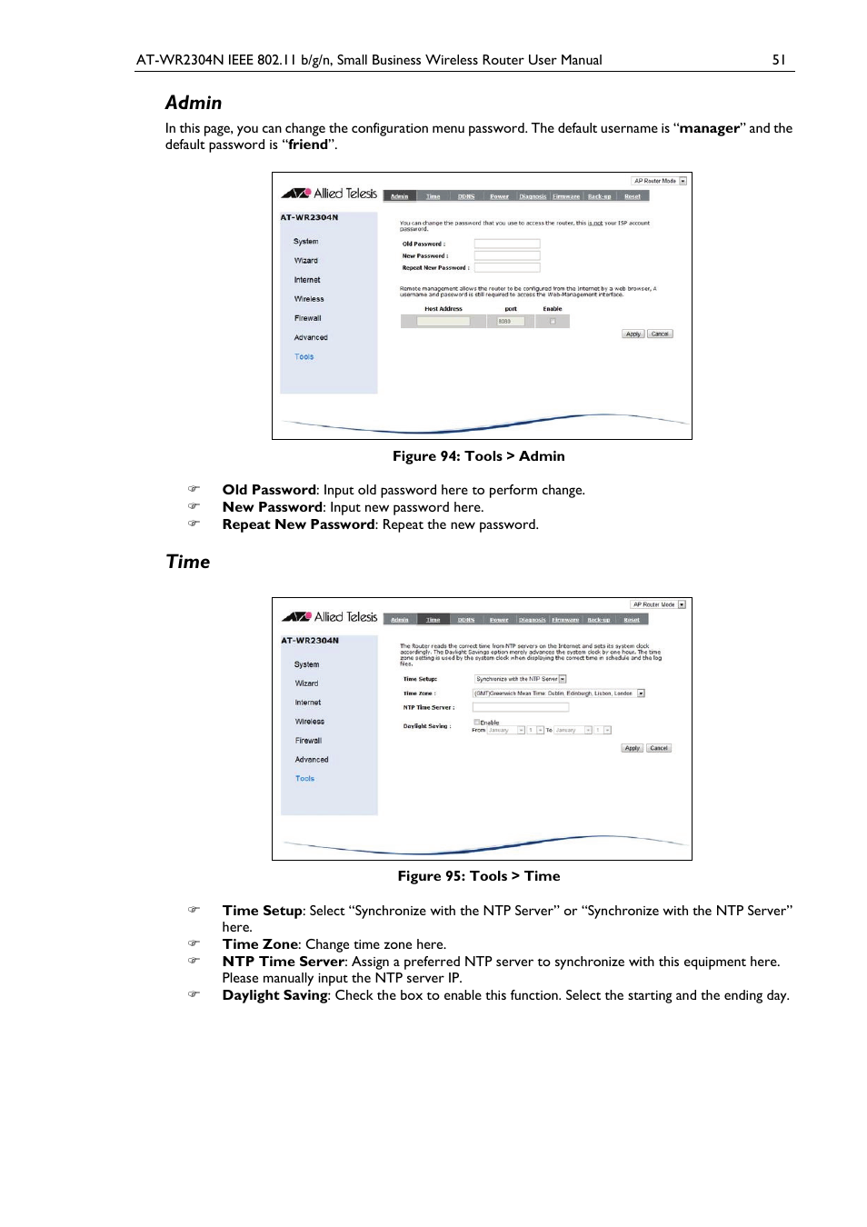 Admin, Time, Figure 94: tools > admin | Figure 95: tools > time | Allied Telesis AT-WR2304N User Manual | Page 61 / 67
