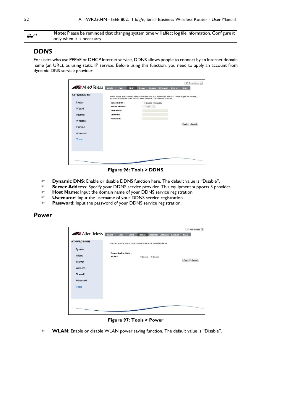 Ddns, Power, Figure 96: tools > ddns | Figure 97: tools > power | Allied Telesis AT-WR2304N User Manual | Page 62 / 67
