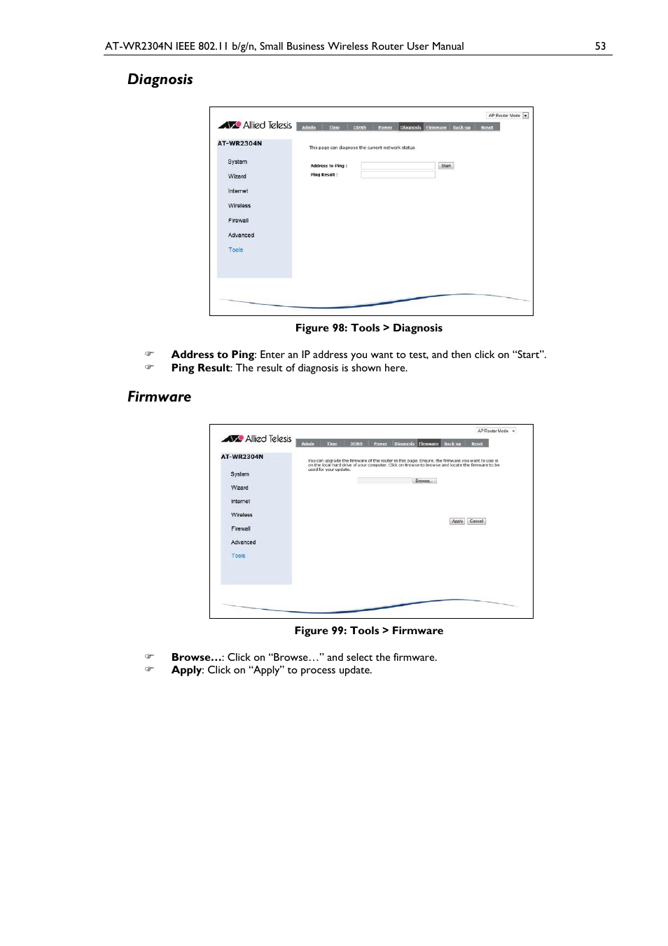 Diagnosis, Firmware, Figure 98: tools > diagnosis | Figure 99: tools > firmware | Allied Telesis AT-WR2304N User Manual | Page 63 / 67
