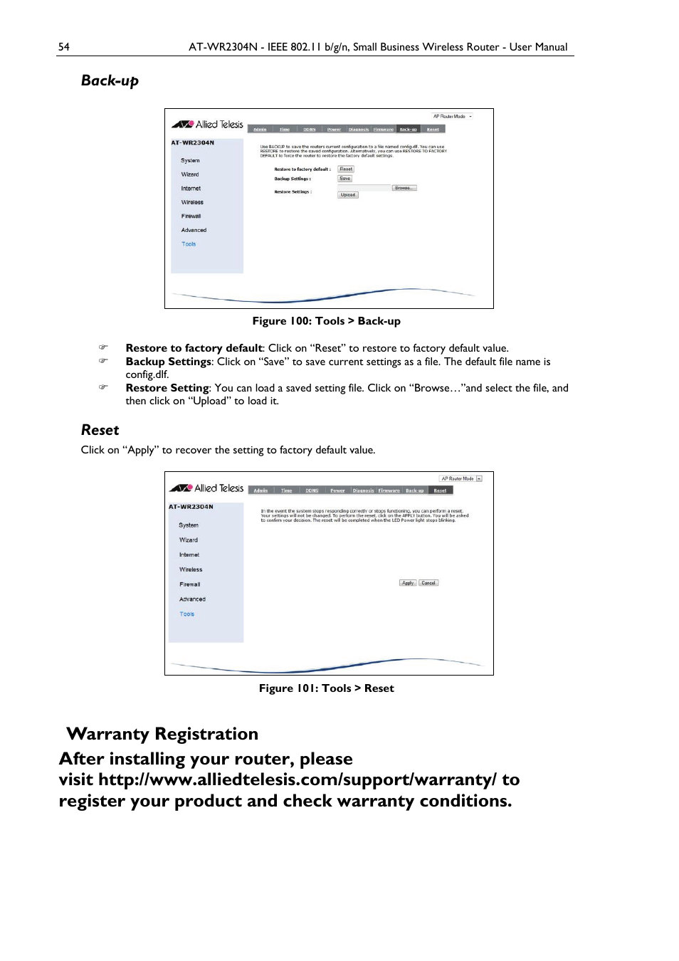 Back-up, Reset, Warranty registration | Figure 100: tools > back-up, Figure 101: tools > reset | Allied Telesis AT-WR2304N User Manual | Page 64 / 67