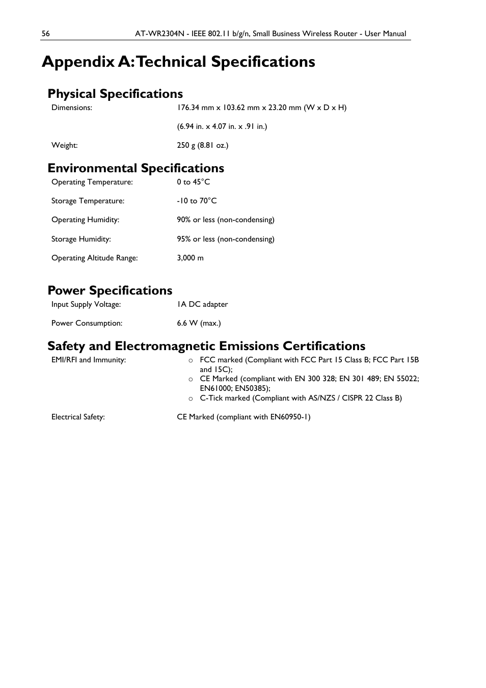 Appendix a: technical specifications, Physical specifications, Environmental specifications | Power specifications | Allied Telesis AT-WR2304N User Manual | Page 66 / 67