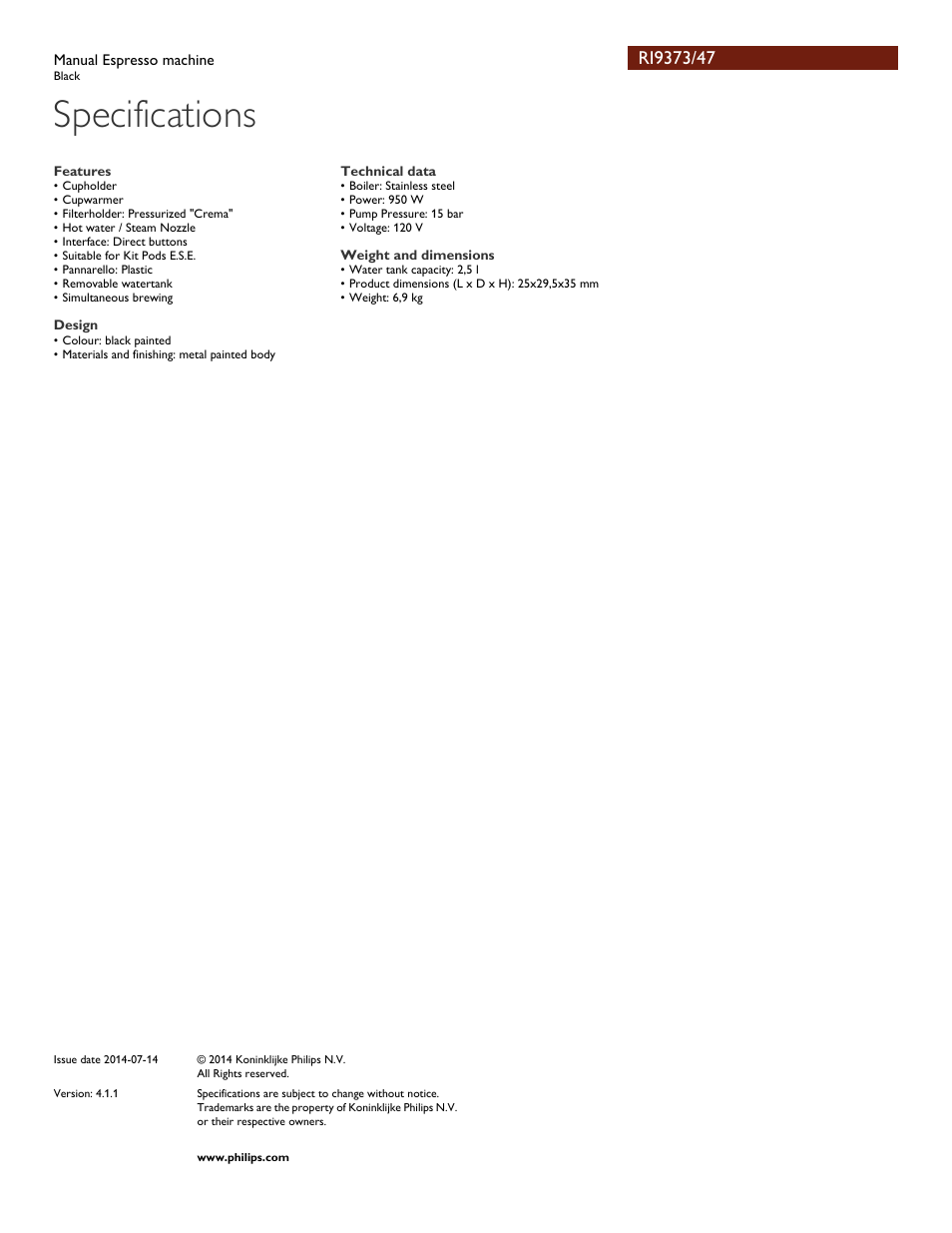 Specifications | Philips RI9373-47 User Manual | Page 3 / 3