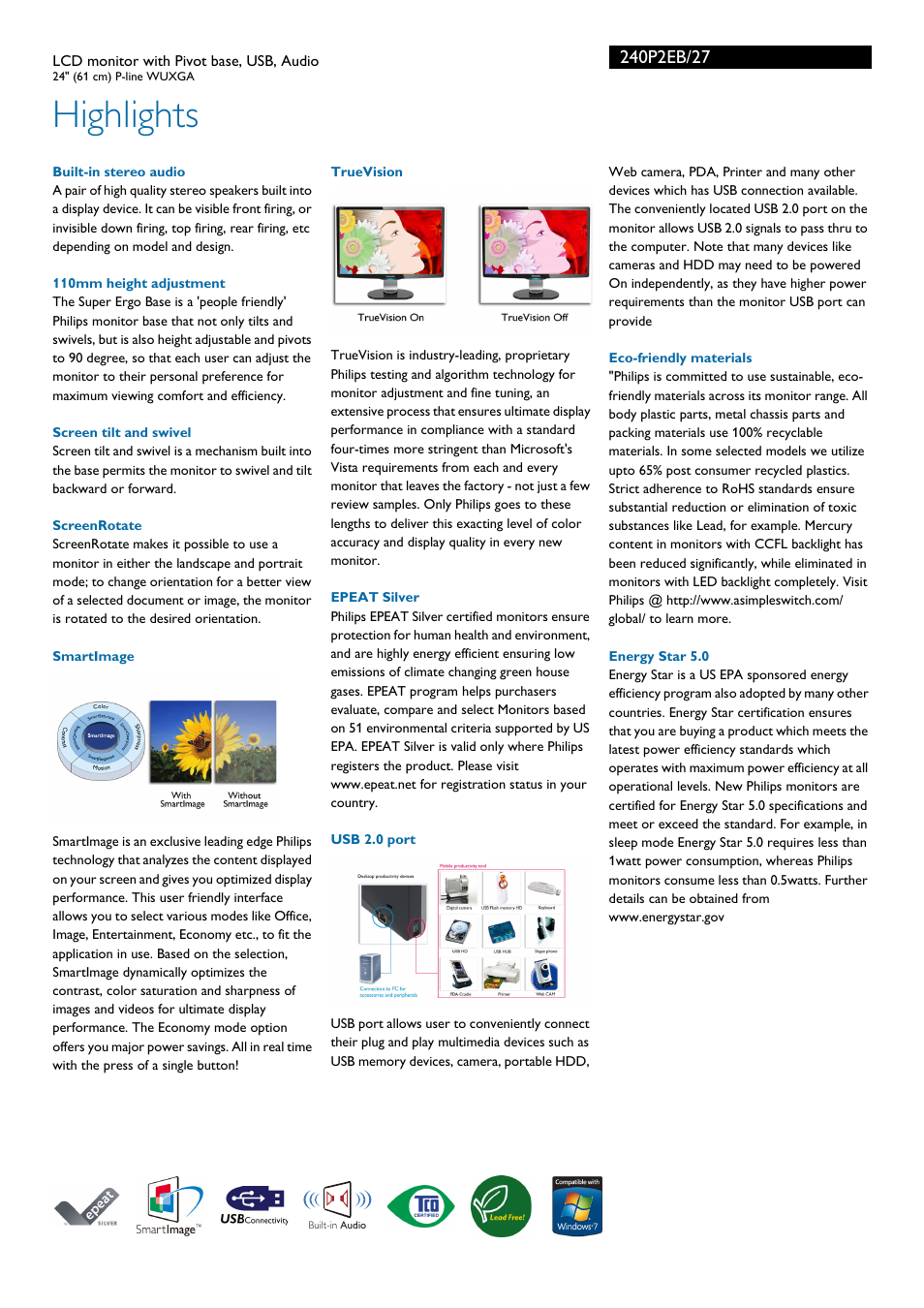 Highlights | Philips 240P2EB-27 User Manual | Page 2 / 3