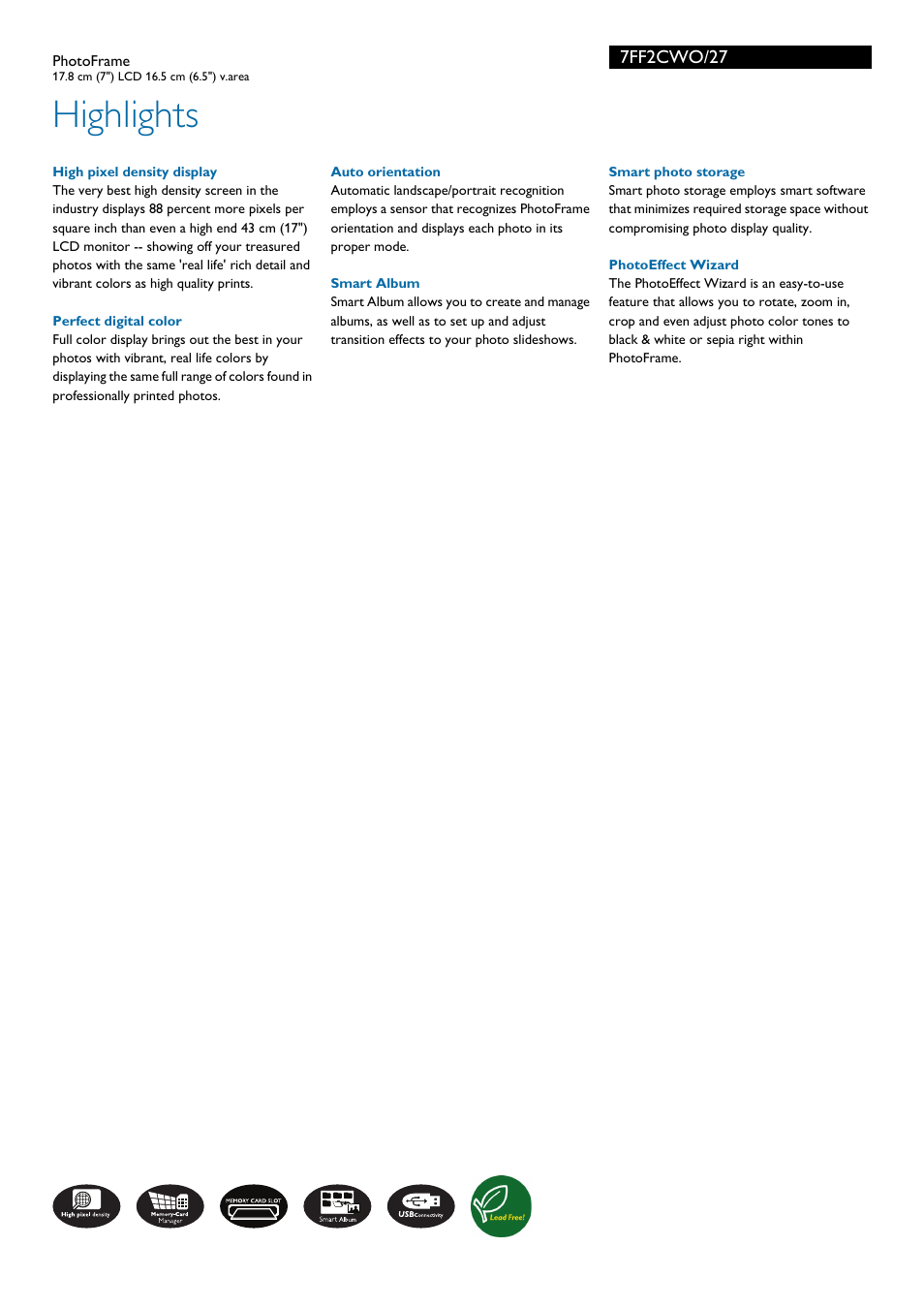 Highlights, 7ff2cwo/27 | Philips 7FF2CWO-27E User Manual | Page 2 / 3