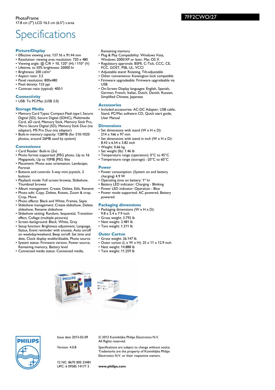 Specifications, 7ff2cwo/27 | Philips 7FF2CWO-27E User Manual | Page 3 / 3