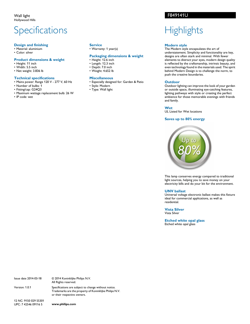 Specifications, Highlights | Philips F849141U User Manual | Page 2 / 2