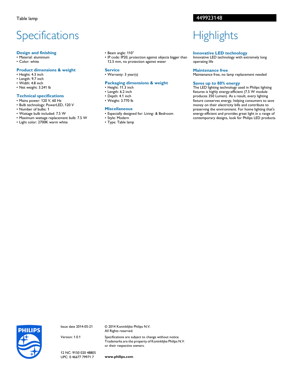 Specifications, Highlights | Philips 449923148 User Manual | Page 2 / 2