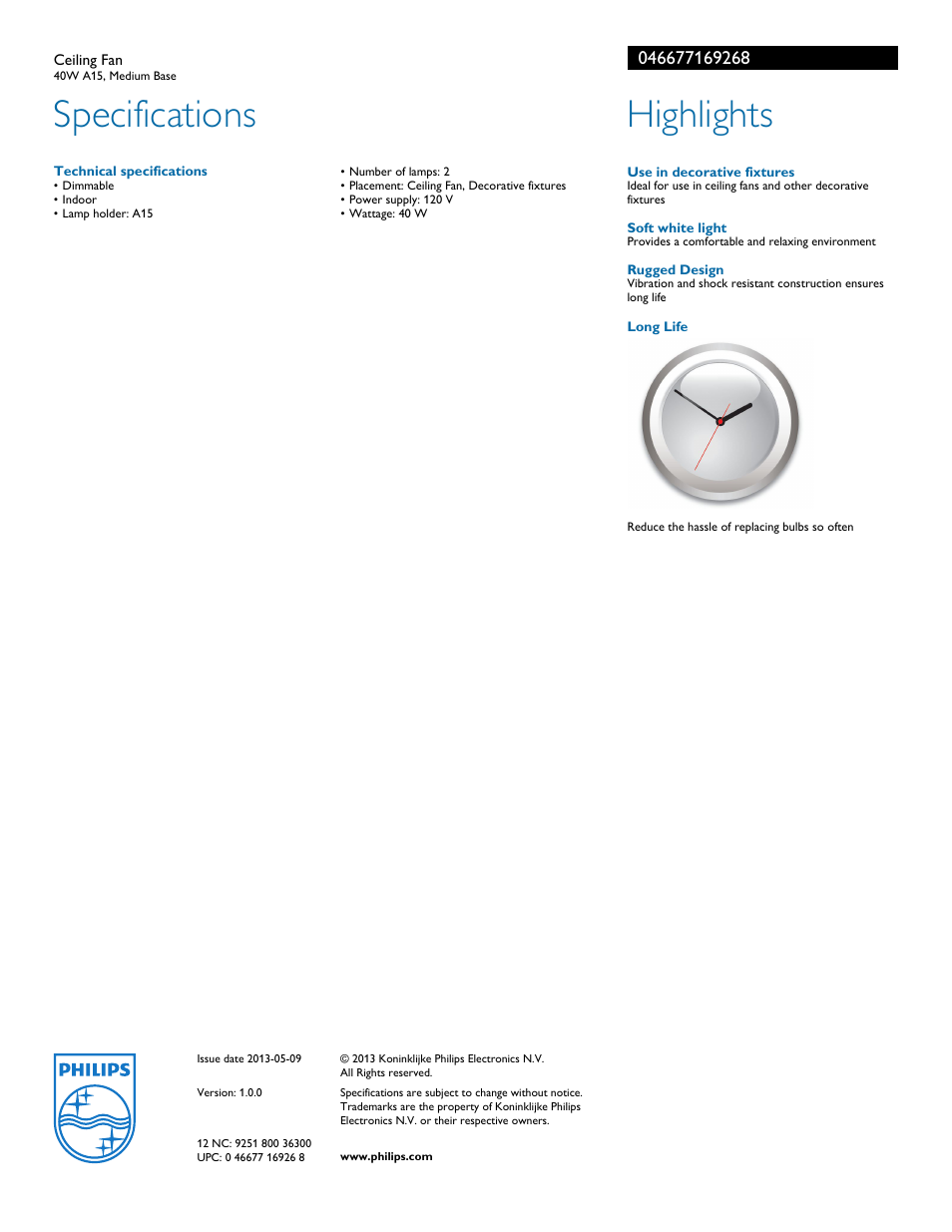 Specifications, Highlights | Philips 046677169268 User Manual | Page 2 / 2