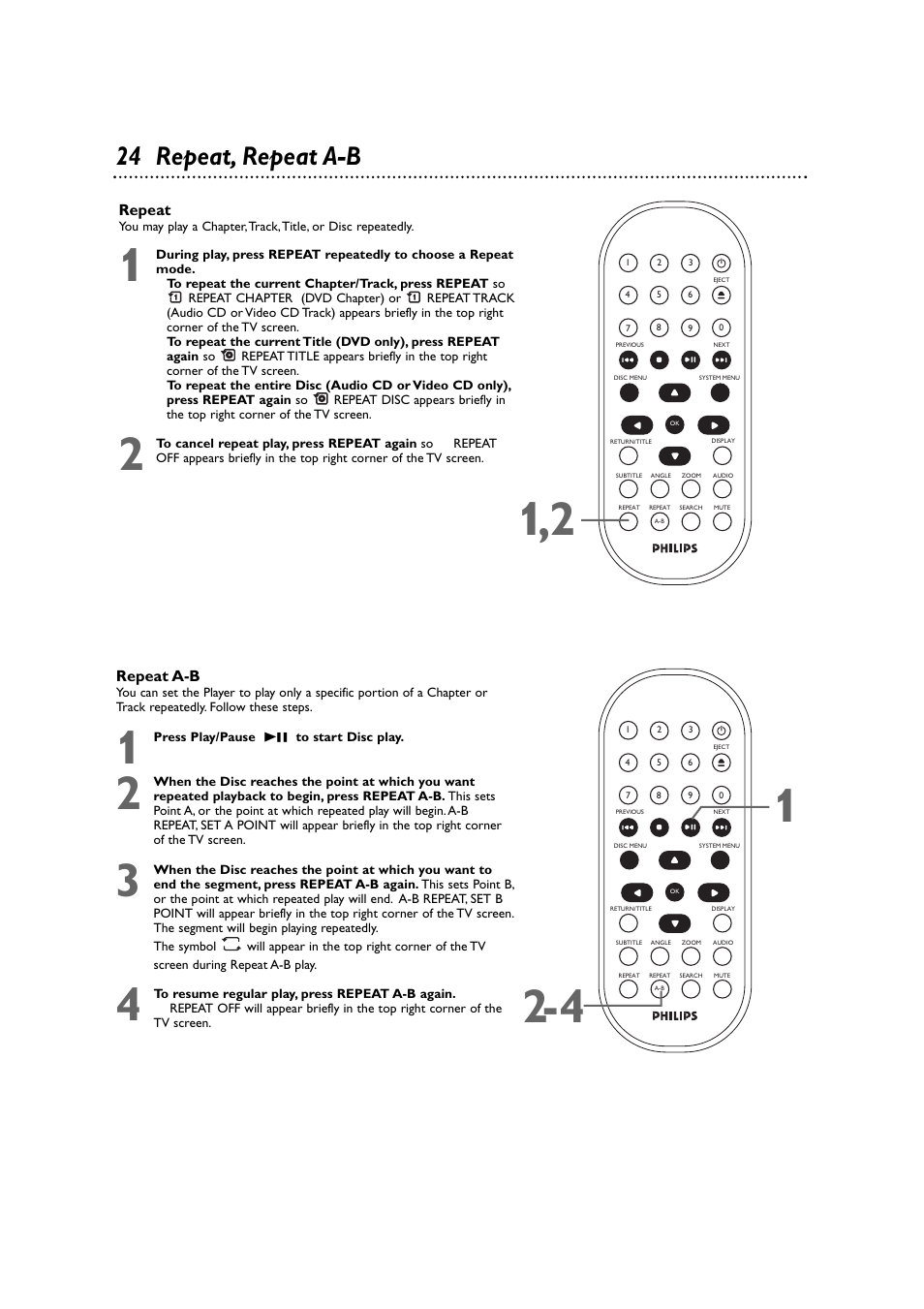 24 repeat, repeat a-b | Philips DVD590M-17 User Manual | Page 24 / 48