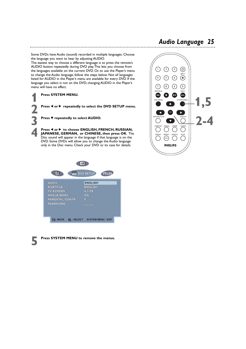 Audio language 25 | Philips DVD590M-17 User Manual | Page 25 / 48