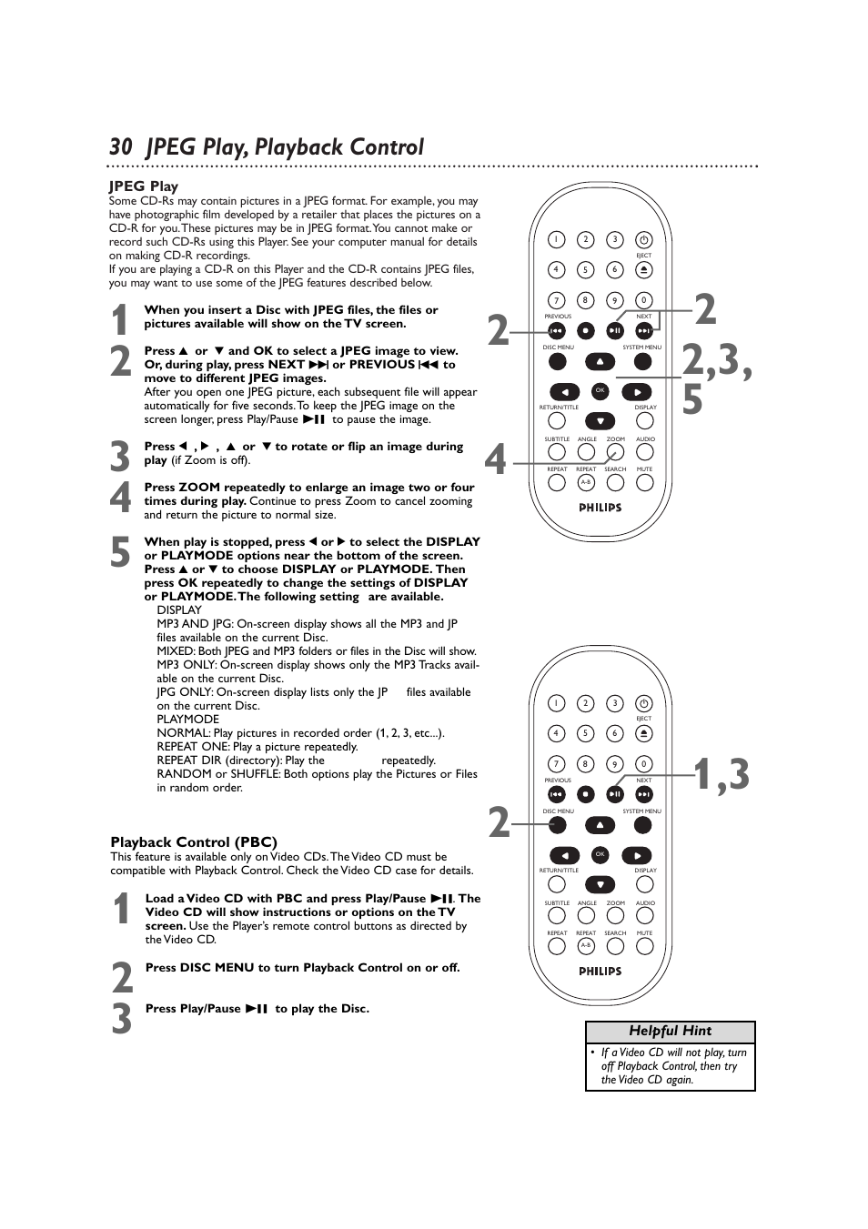 30 jpeg play, playback control | Philips DVD590M-17 User Manual | Page 30 / 48