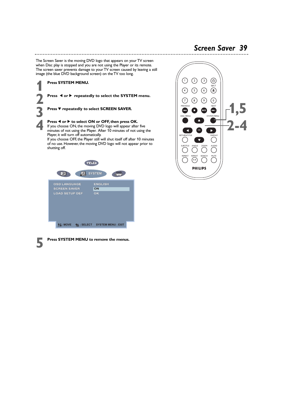 Screen saver 39 | Philips DVD590M-17 User Manual | Page 39 / 48