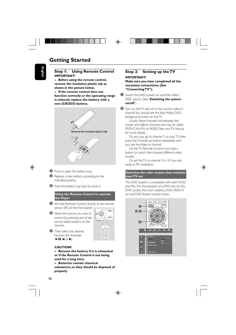Getting started, Step 1: using remote control, Step 2: setting up the tv | Philips DVD Micro Theater MCD139 User Manual | Page 18 / 39