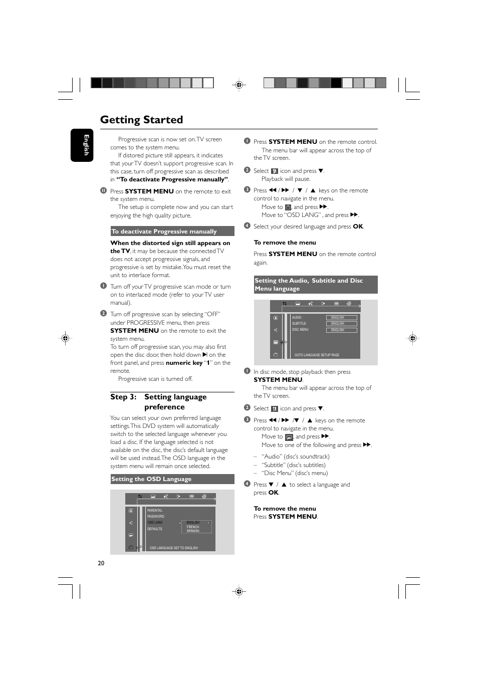 Getting started, Step 3: setting language preference | Philips DVD Micro Theater MCD139 User Manual | Page 20 / 39