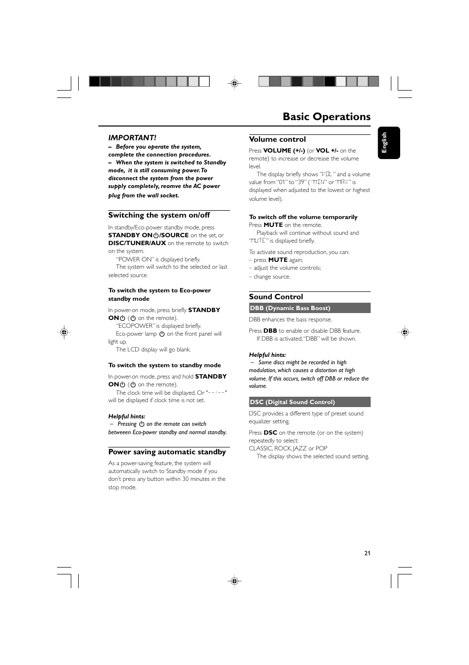 Basic operations, Important, Switching the system on/off | Power saving automatic standby, Volume control, Sound control | Philips DVD Micro Theater MCD139 User Manual | Page 21 / 39