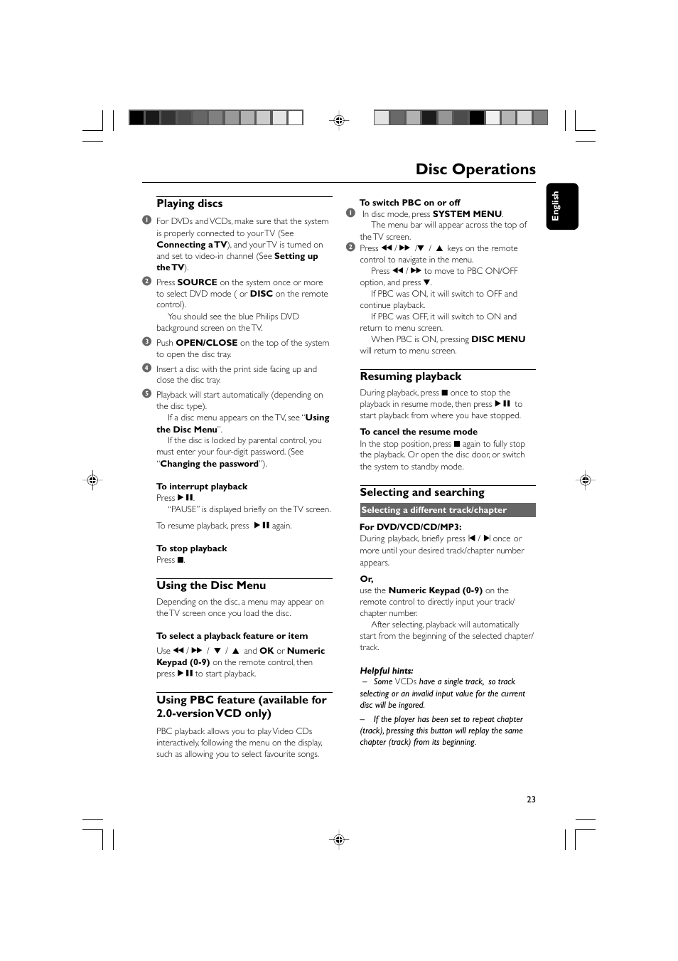 Disc operations, Playing discs 1, Using the disc menu | Resuming playback, Selecting and searching | Philips DVD Micro Theater MCD139 User Manual | Page 23 / 39