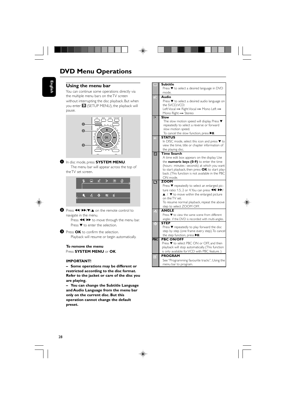 Dvd menu operations, Using the menu bar | Philips DVD Micro Theater MCD139 User Manual | Page 28 / 39