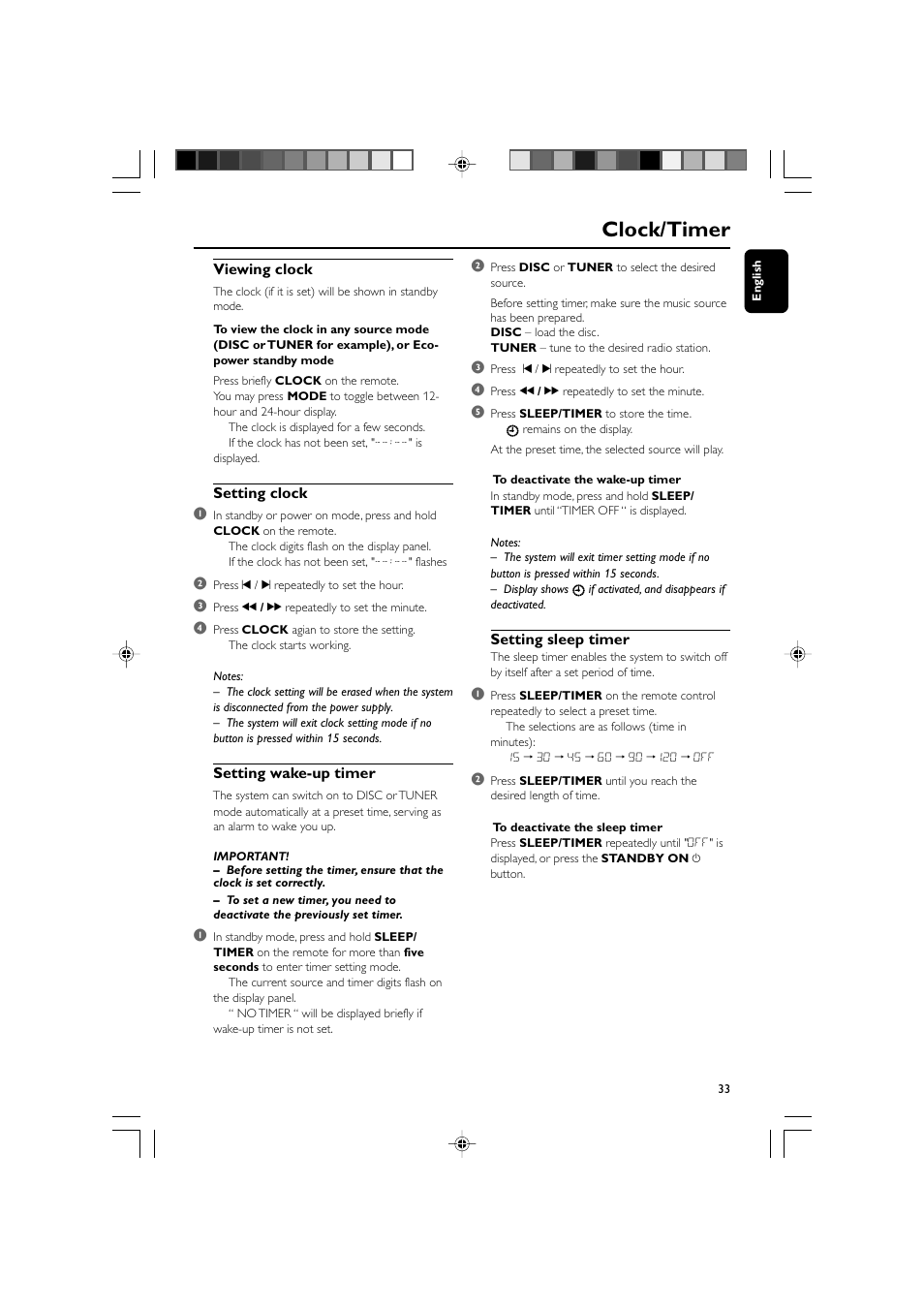 Clock/timer | Philips DVD Micro Theater MCD139 User Manual | Page 33 / 39
