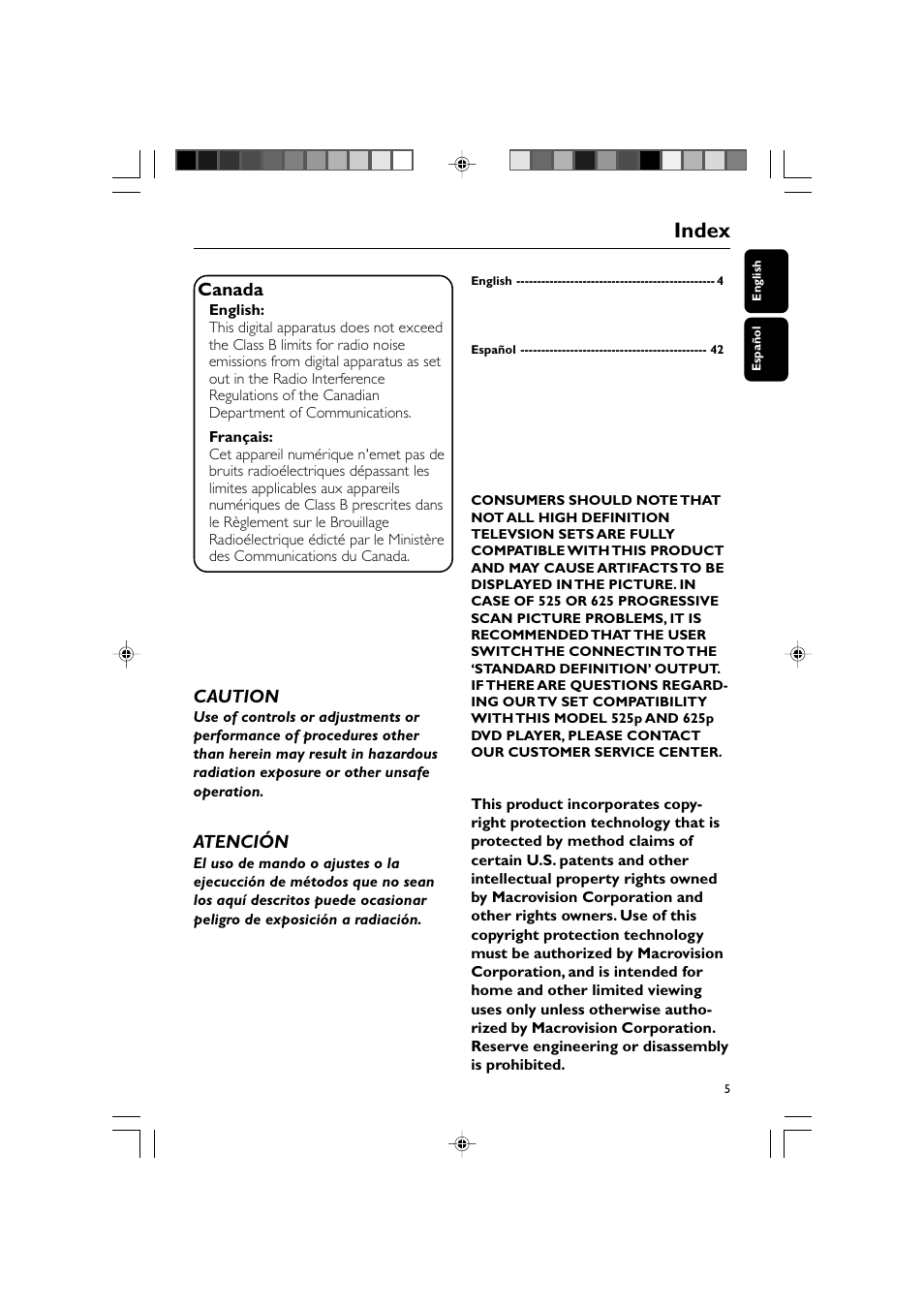 Index, Canada, Caution | Atención | Philips DVD Micro Theater MCD139 User Manual | Page 5 / 39