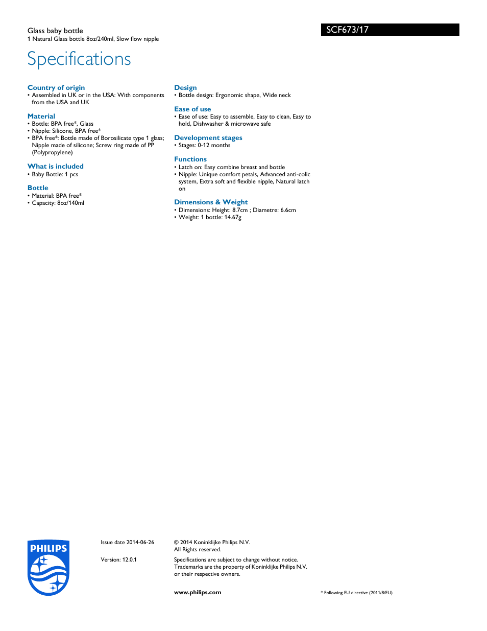 Specifications | Philips SCF673-17 User Manual | Page 3 / 3