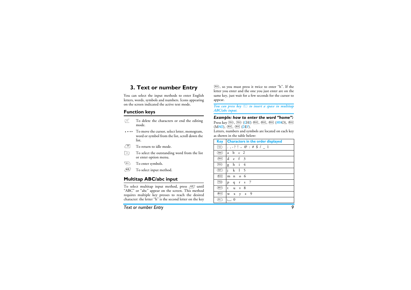 Text or number entry, Function keys, Multitap abc/abc input | Philips Mobile Phone CTS660BLK S660 User Manual | Page 10 / 57