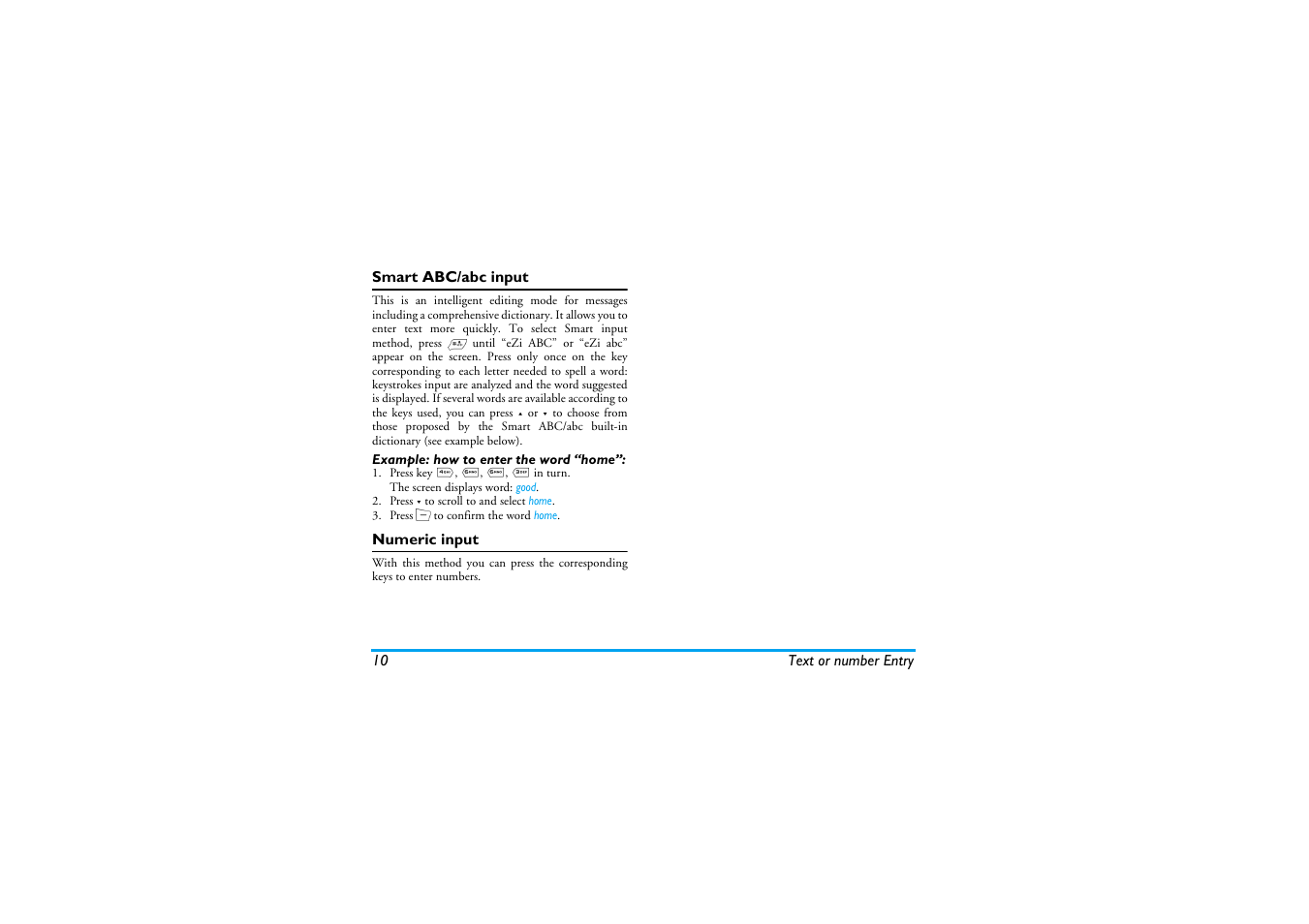 Smart abc/abc input, Numeric input | Philips Mobile Phone CTS660BLK S660 User Manual | Page 11 / 57