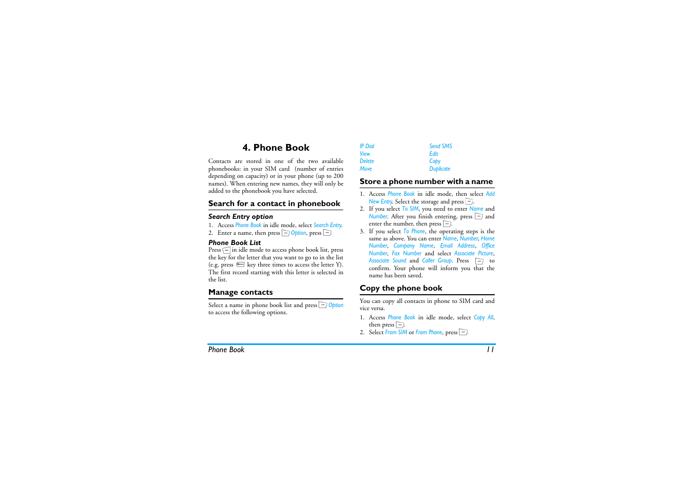 Phone book, Search for a contact in phonebook, Manage contacts | Store a phone number with a name, Copy the phone book | Philips Mobile Phone CTS660BLK S660 User Manual | Page 12 / 57